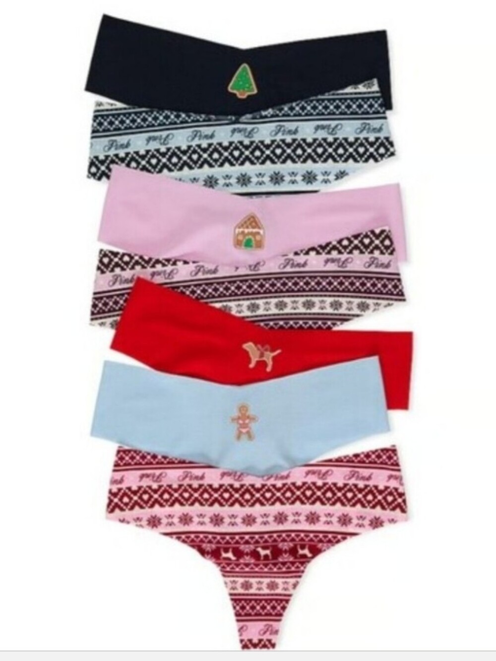 Victoria's Secret Pink 7 Pack No Show Thong Panties HOLIDAY CHRISTMAS XSMALL